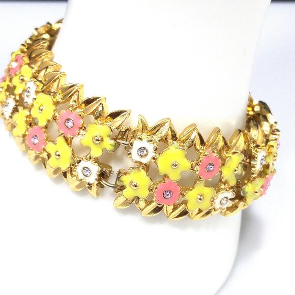 1980s Monet Floral Enamel Bracelet Pink Yellow White Rhinestone Vintage Jewelry - Picture 6 of 10